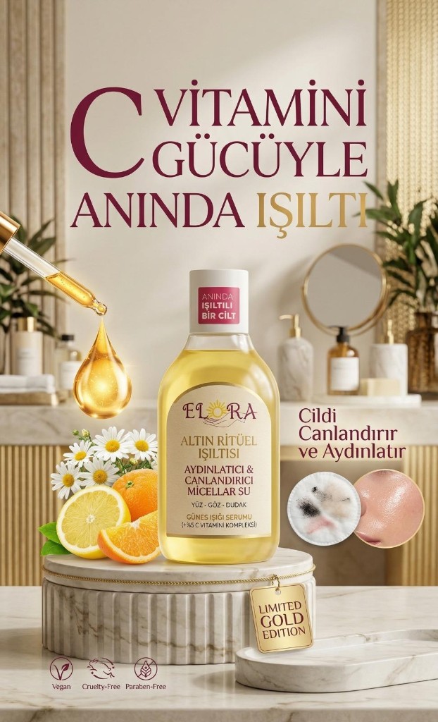 ELORA kampanya görseli: turunçgil dilimleri, papatya ve altın tonlu serum damlası ile premium sunum